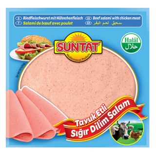 Suntat Sade Dilim Salam Rinderfleischwurst mit Geflügelfleisch Hähnchen/Pute/Rind in Scheiben DE - 1 x 200 g Packung