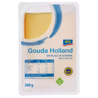 aro Gouda Mittelalt 48 % Fett, wiederverschließbar, geschnitten 300 g