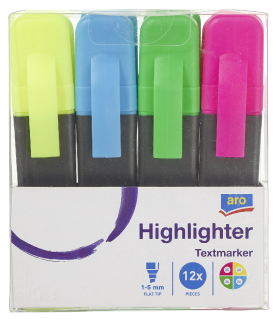 aro Textmarker sortiert 11,8 cm Blau, Gelb, Grün, Rot - 12 Stück