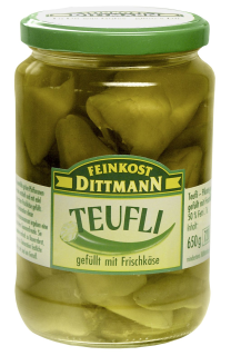 Dittmann Teufli grün handgefüllt mit Frischkäse - 650 g Tiegel