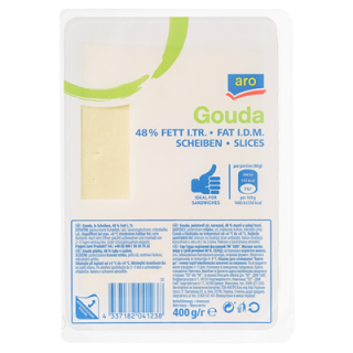 aro Gouda geschnitten 48% Fett, wiederverschließbar 400 g Packung