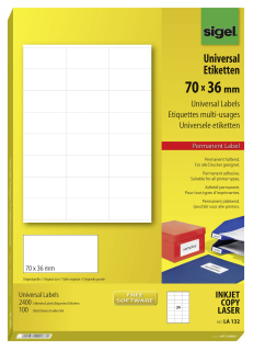 Sigel Universal Etiketten A4 No. LA132 36 mm  x  70 mm Weiß - 100 Blatt A4 bzw. 2400 Etiketten