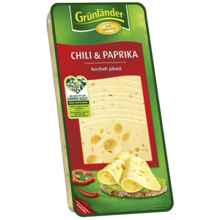 Grünländer Chili & Paprika herzhaft pikant, Schnittkäse, 48 % Fett i. Tr. 500 g Packung
