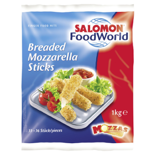 Salomon Breaded Mozzarella Sticks tiefgefroren, ca. 33 - 38 Stück ,vorgebacken,vegetarisch, Mozzarella Stangen in würziger Knusperpanade 1 kg Beutel