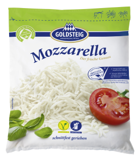 Goldsteig Mozzarella schnittfest gerieben, 40% Fett i.Tr., vegetarisch, gekühlt - 200 g Beutel