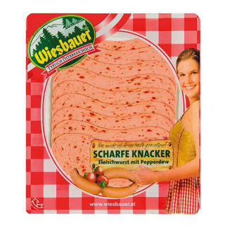Wiesbauer Scharfe Knacker Fleischwurst mit Pepperdew - 100 g Packung