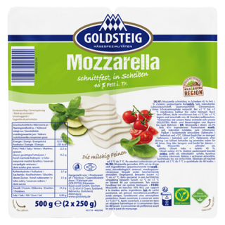 Goldsteig Mozzarella schnittfest, in Scheiben, 45 % Fett i. Tr. 500 g Packung