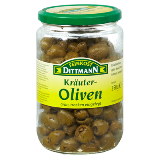 Feinkost Dittmann Kräuteroliven Grün ohne Stein, trocken eingelegt - 720 ml Tiegel