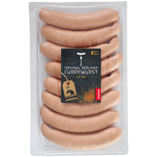 Mischau Original Berliner Currywurst mit Darm, umgerötet gekühlt aus Schweinefleisch unter Schutzatmosphäre verpackt 8 Stück à 100 g - 1 x 800 g Packung