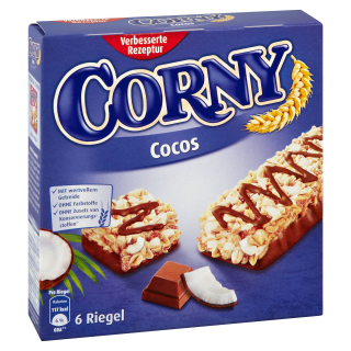 Corny Müsliriegel Cocos 6 Stück á 20 g, Müsliriegel Kokos in Milchschokolade, gerösteten Vollkornflocken & Getreidecrispies 120 g Packung