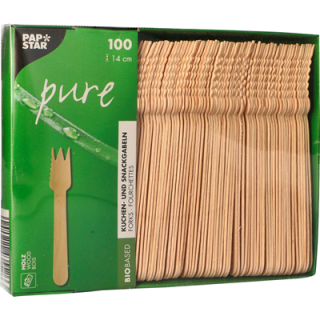 PapStar Pure Kuchen-/Snackgabeln, Holz, 14 cm - 100...