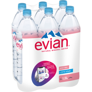 Evian Mineralwasser still, PET Einweg - 6 x 1,5 l Schrumpfpackung